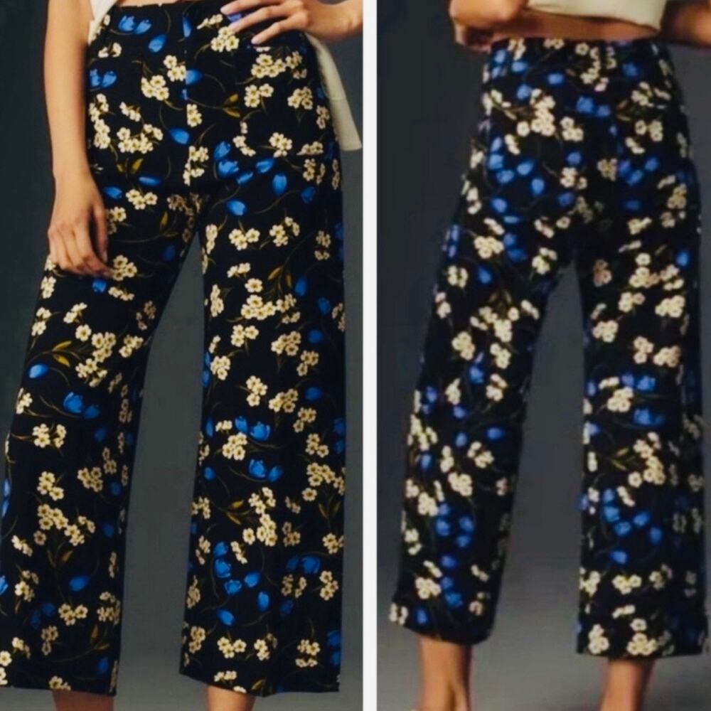 MAEVE x ANTHROPOLOGIE | The Colette Wide-Leg Pants‎ Navy White Black Floral | 34